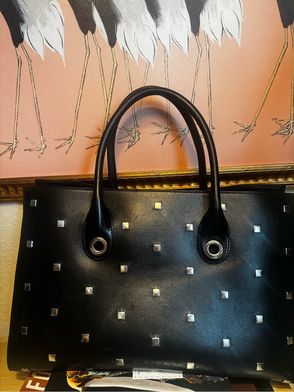 Jimmy Choo Black Studded Leather Tote Silver Hardware Structured Bag - Picture 4 of 9